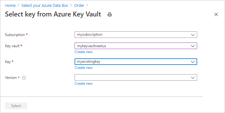 Selecionar chave existente do Azure Key Vault