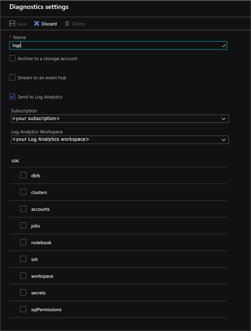 Configurações de diagnósticos do Azure Databricks