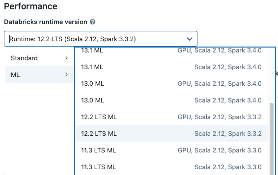 Selecionar Databricks Runtime ML