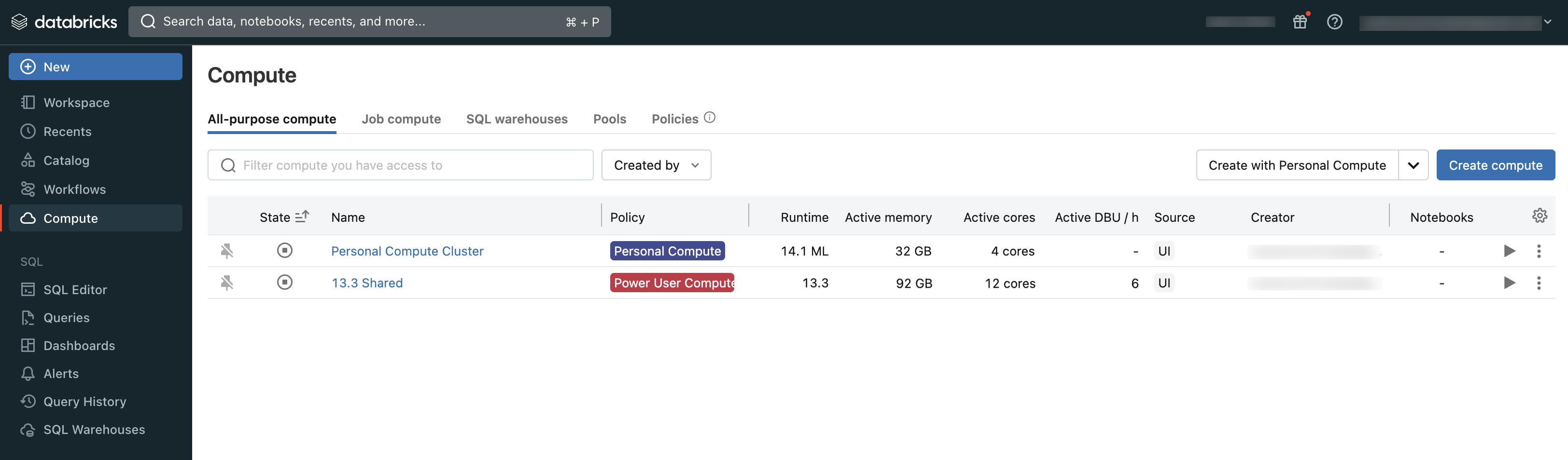 Página da computação para todas as finalidades no workspace do Databricks