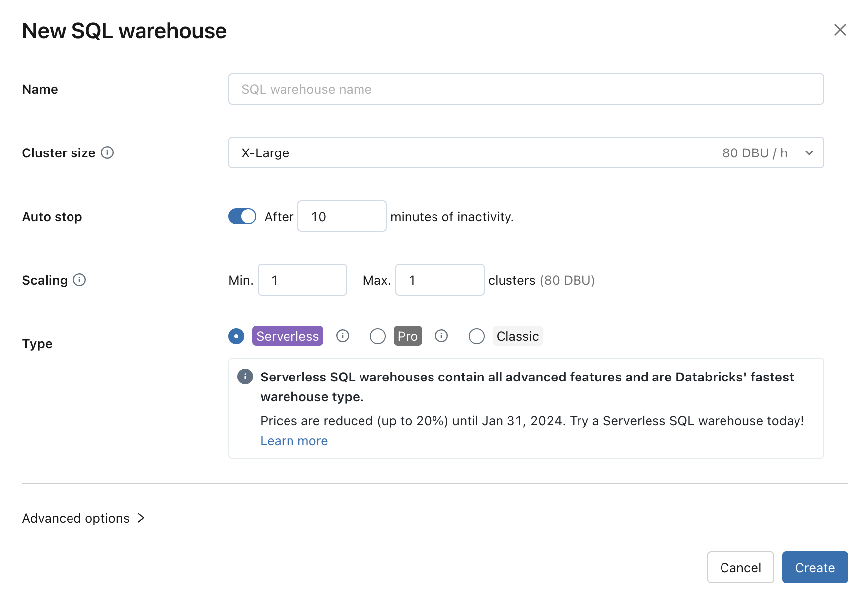 Configuração padrão do SQL warehouse