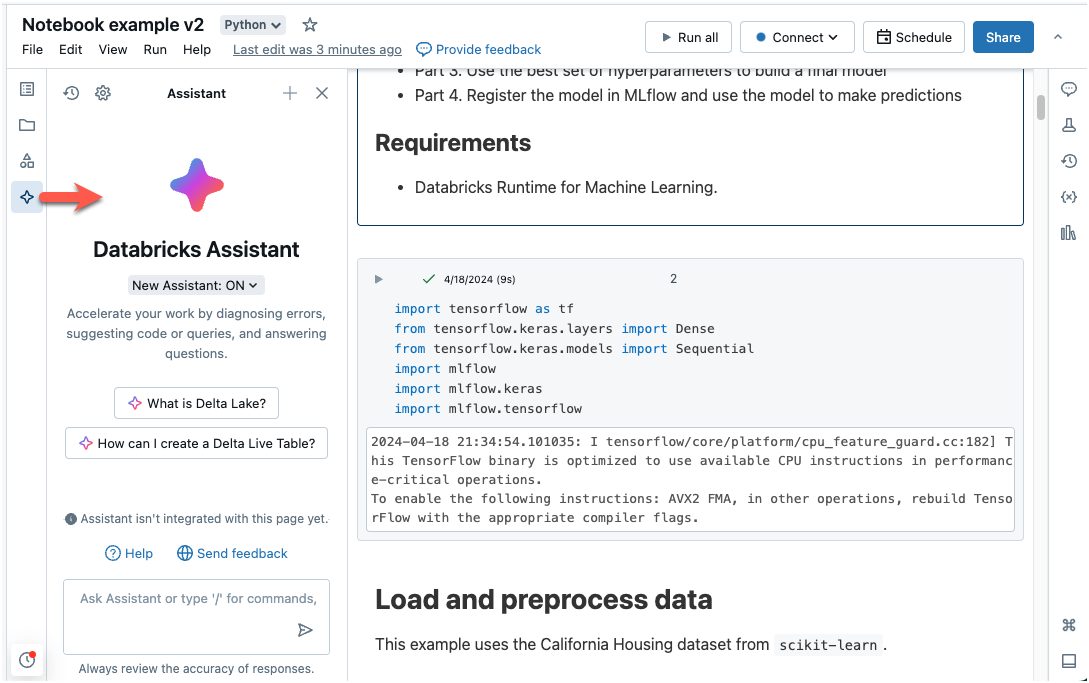 Ícone do assistente do Databricks e local do painel