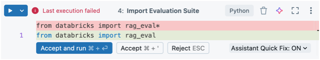 Captura de tela da interface do usuário de correção de bug embutida do Assistente do Databricks.