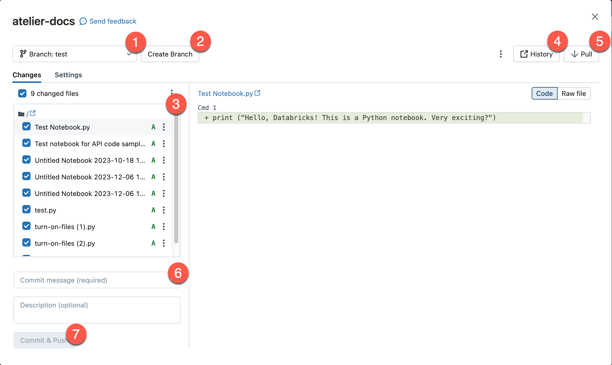 A caixa de diálogo usada para executar operações Git em um workspace do Databricks.