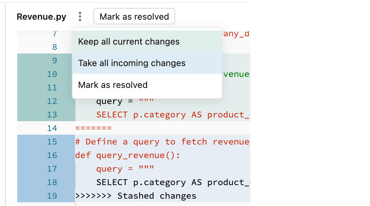 O painel da interface do usuário do notebook do Databricks, mostrando as opções suspensas para resolução de conflitos de mesclagem