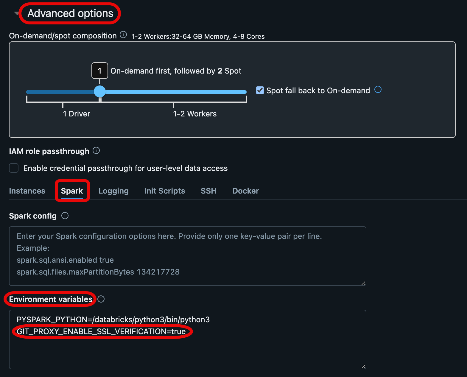 A página de configuração de computação do Databricks em que você define variáveis de ambiente para um proxy Git