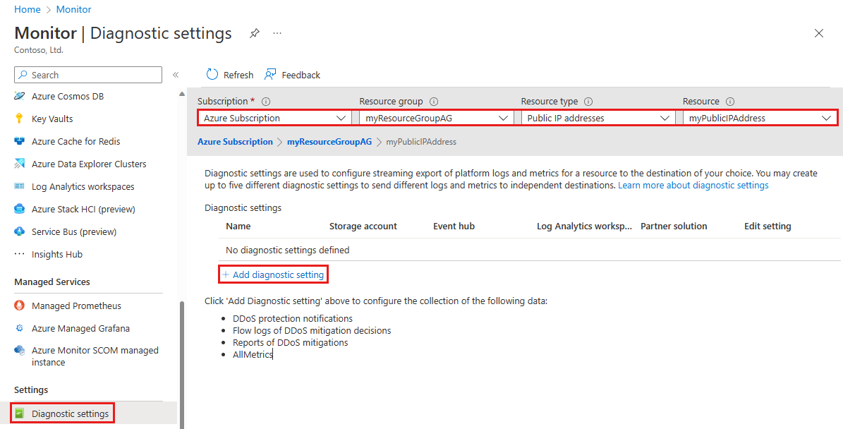 Captura de tela do Monitoramento das configurações de diagnóstico.