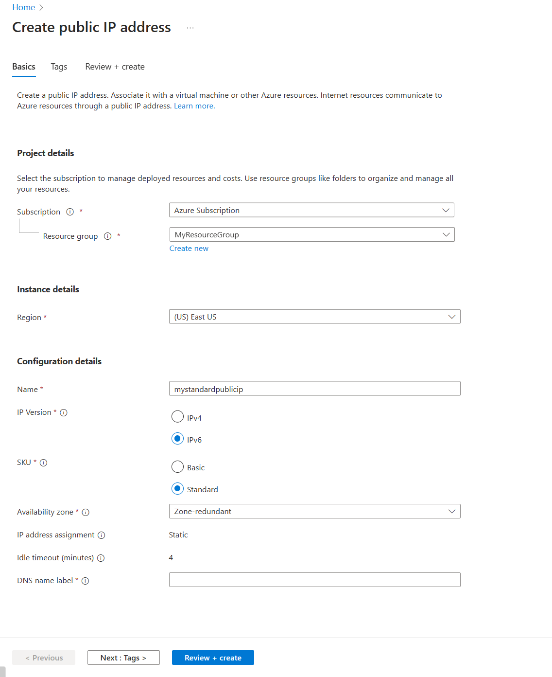 Captura de tela da criação de um endereço IP padrão no portal do Azure.