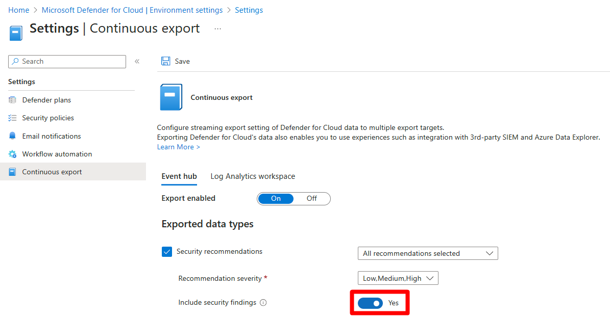 Captura de tela mostrando o botão de alternância para incluir descobertas de segurança em uma configuração de exportação contínua.