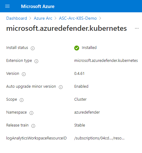 Captura de tela que mostra os detalhes completos de uma extensão do Azure Arc em um cluster do Kubernetes.