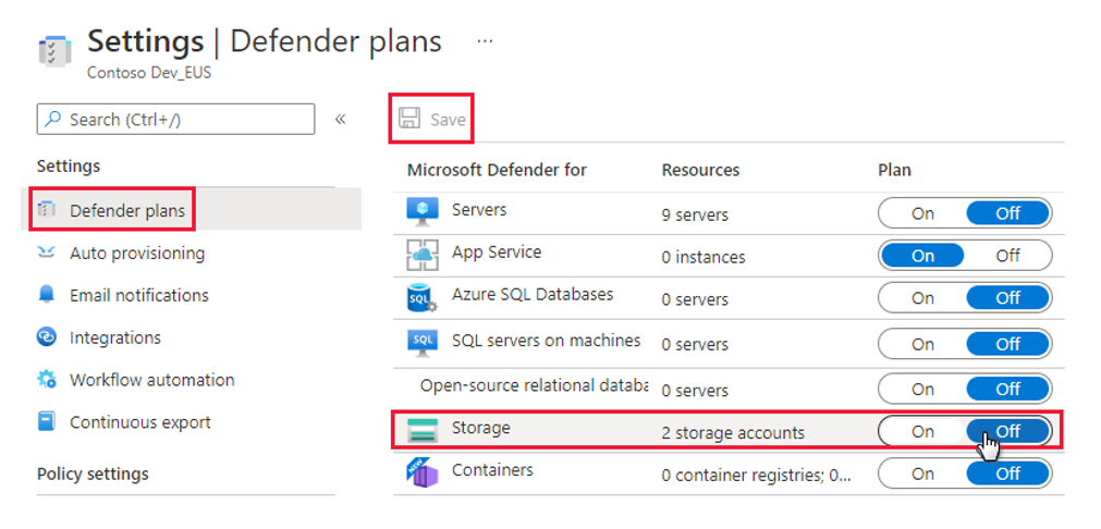 Captura de tela mostrando como desativar o plano do Defender para Armazenamento.