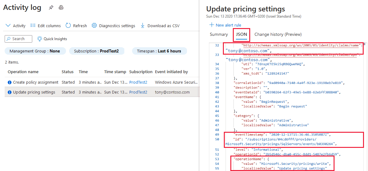 Captura de tela de explorador do Log de atividades do Azure em formato JSON.