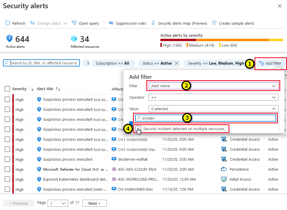 Localizar os incidentes na página de alertas de segurança no Microsoft Defender para Nuvem.