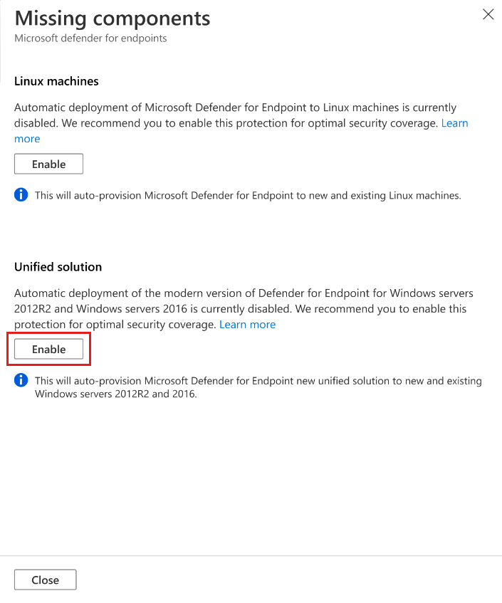 Captura de tela da habilitação do uso da solução unificada do Defender para Ponto de Extremidade nos computadores Windows Server 2012 R2 e 2016.