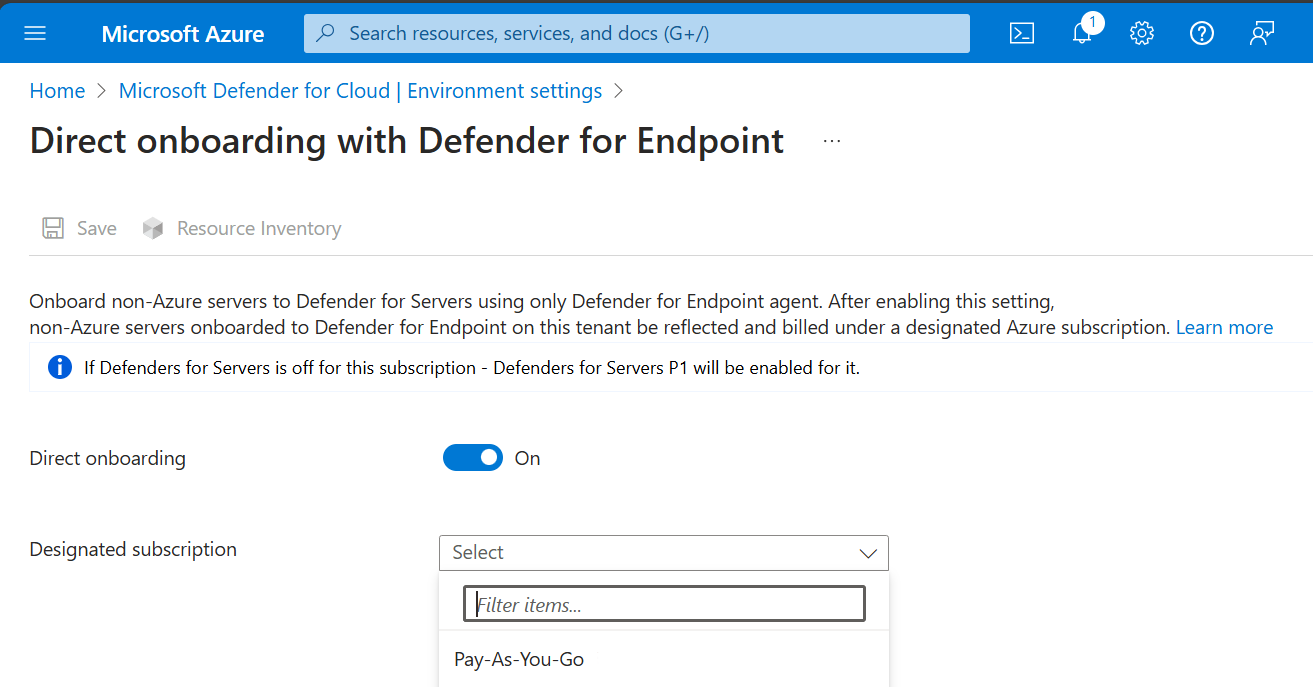 Captura de tela de Integrar servidores que não são do Azure ao Defender para Ponto de Extremidade.