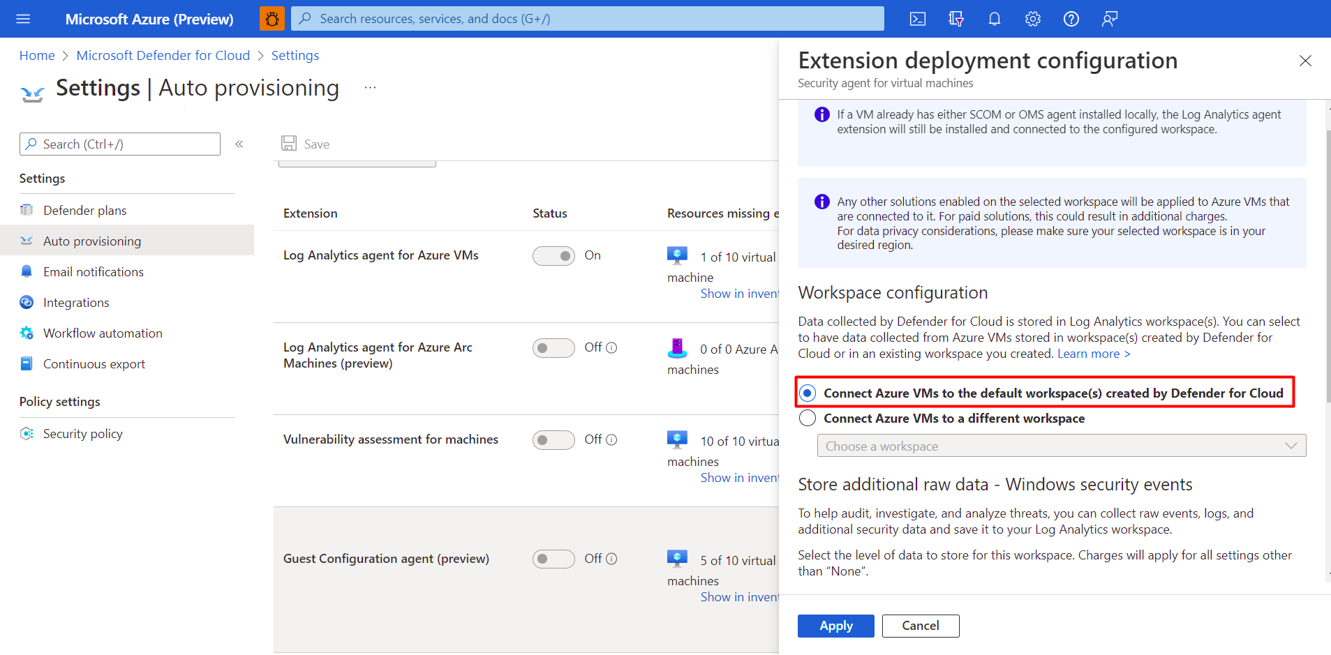 Captura de tela que mostra como provisionar automaticamente o Defender para Nuvem a fim de gerenciar seus workspaces.