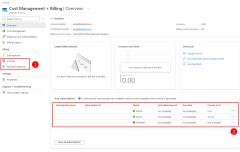 Uma captura de tela mostrando a página de visão geral do gerenciamento de custos e cobrança que resume os gastos em suas assinaturas do Azure