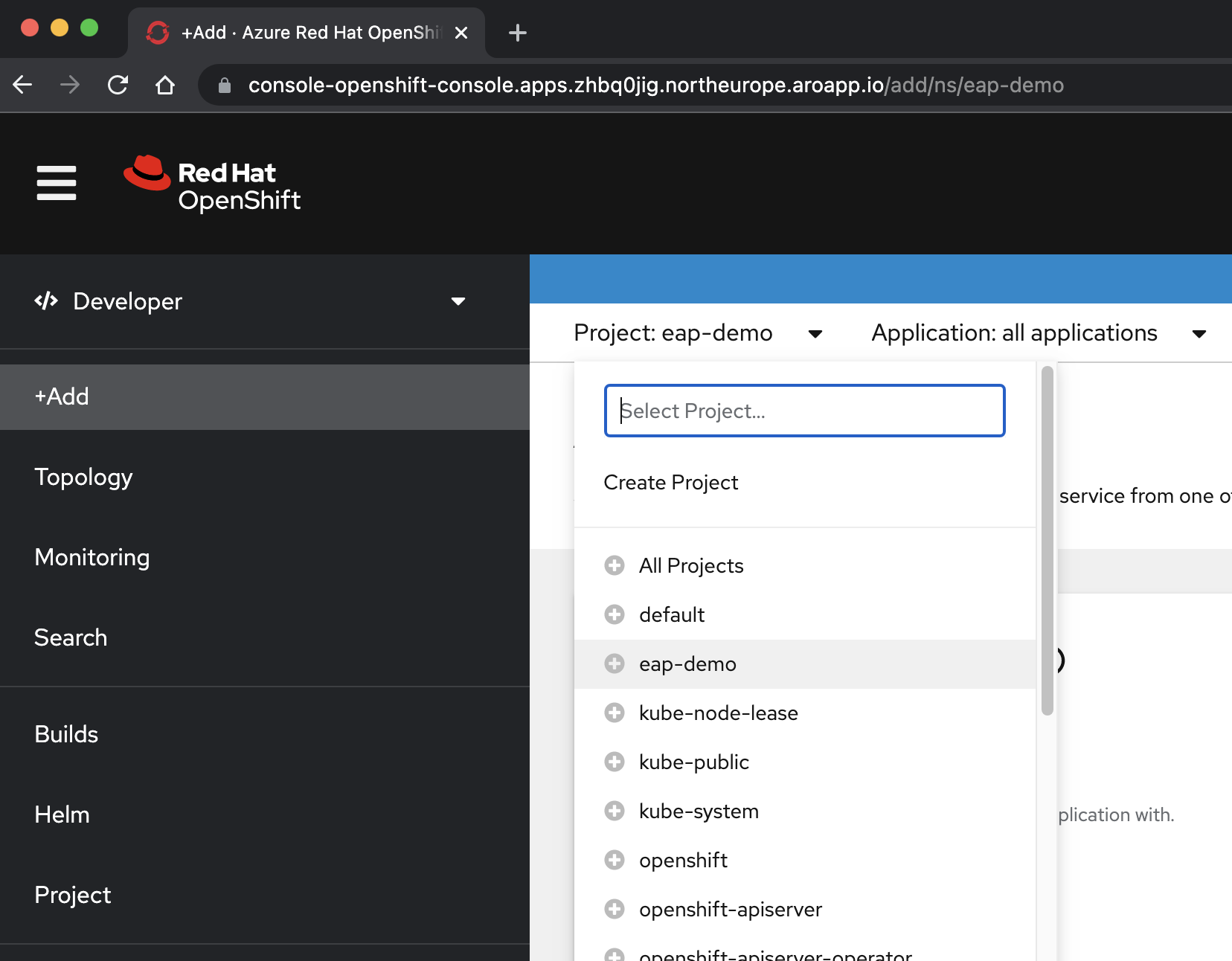 Captura de tela da caixa de combinação do projeto de console do OpenShift.