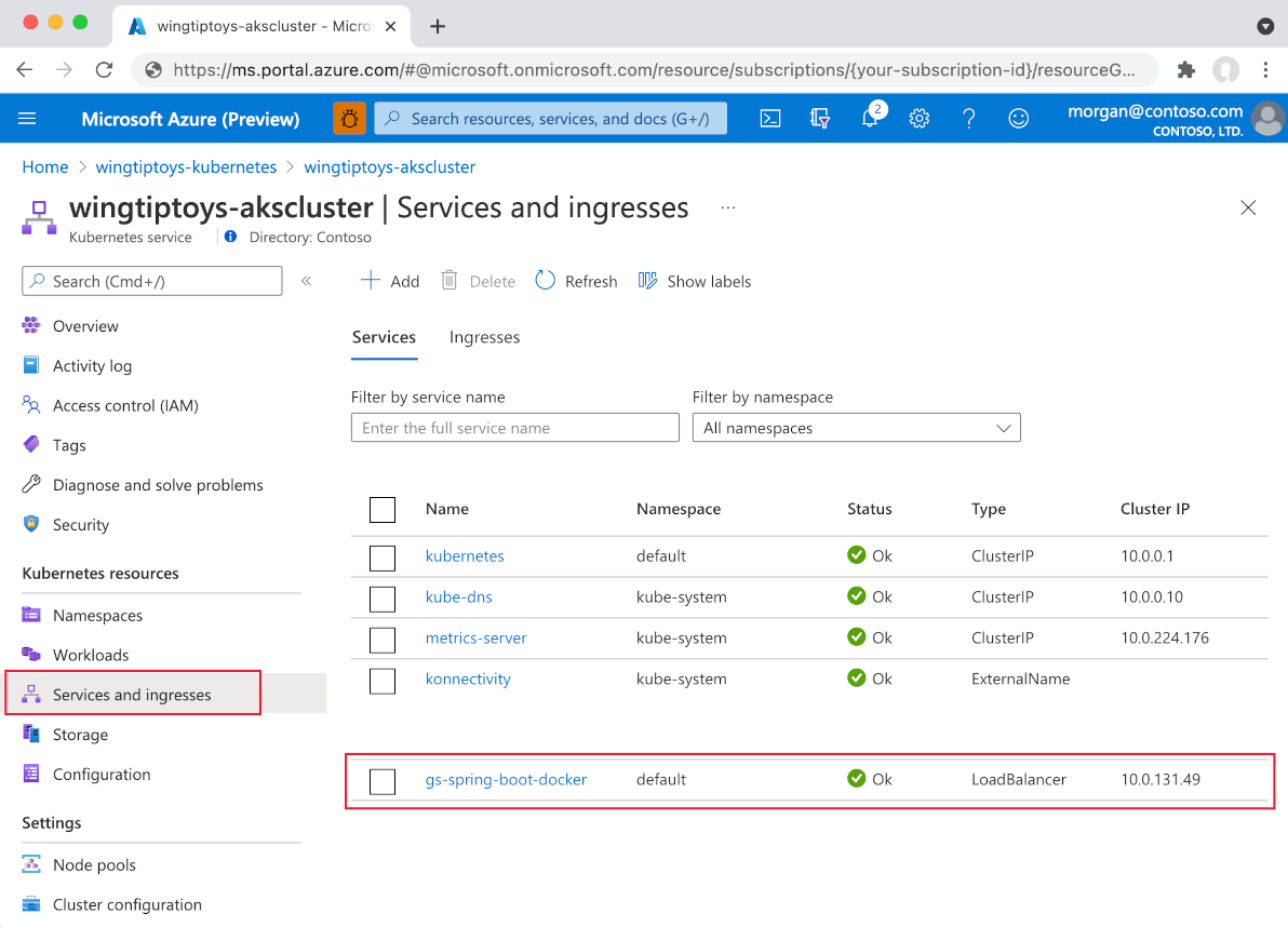 Exibição de recursos do Kubernetes, lista de serviços.