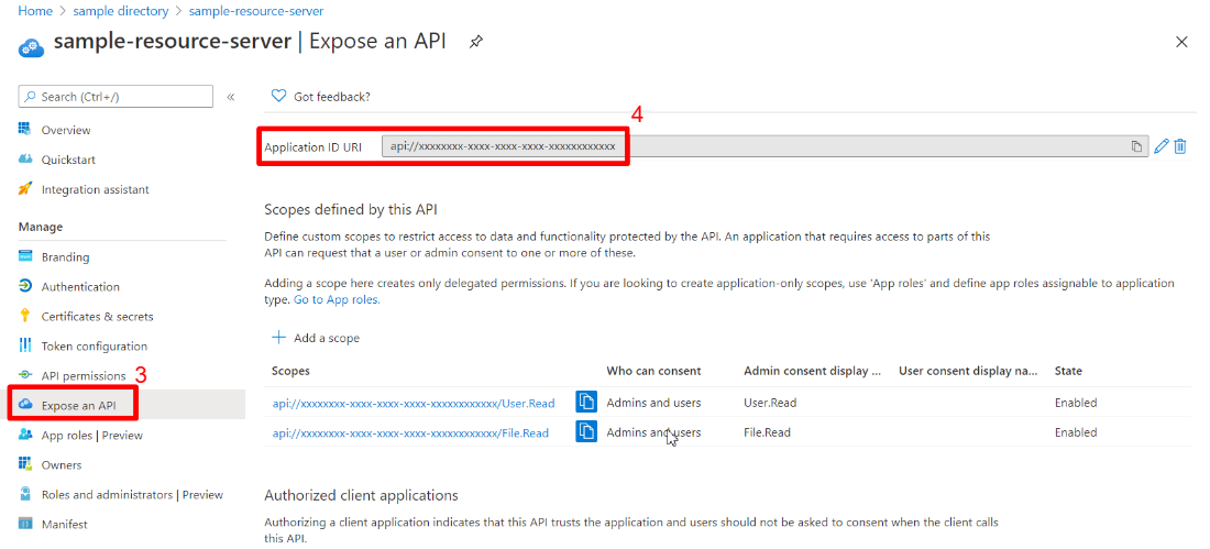 Captura de tela do portal do Azure mostrando o aplicativo Web Expor uma página de API com o URI do ID do Aplicativo realçado.