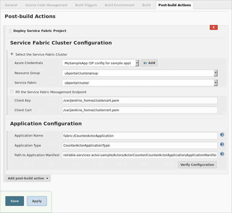 Ação de pós-build do Jenkins no Service Fabric – Configurar as credenciais do Azure