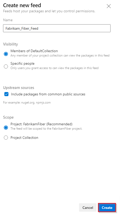 Captura de tela que mostra as seleções para criar um novo feed no Azure DevOps 2022.