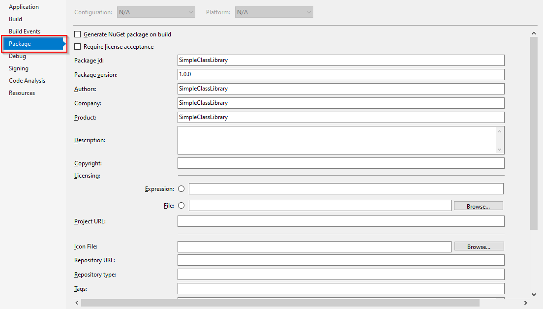 Configurar propriedades do pacote