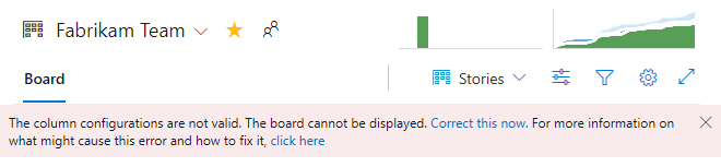 Captura de tela que mostra uma mensagem de erro de configuração em um quadro Kanban.