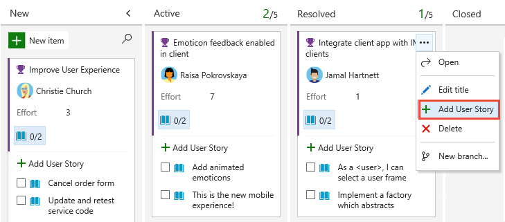 Portal da Web, quadro Kanban de recursos, Abra o menu de contexto de um recurso para adicionar uma história