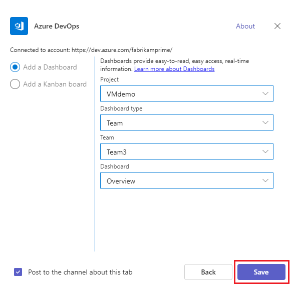 Captura de tela mostrando a adição de um Painel para Azure DevOps no Teams.