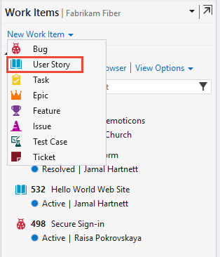 Captura de tela do Visual Studio 2019, Hub de Itens de Trabalho, Novo Item de Trabalho, escolher História de Usuário.