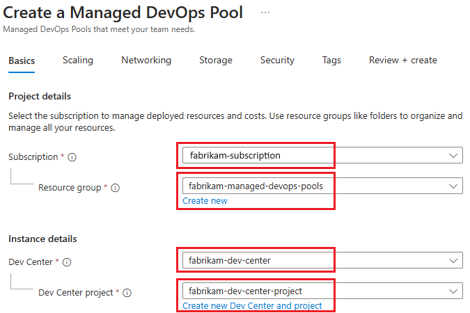 Captura de tela das definições de configuração inicial Criar Pools de DevOps Gerenciados.