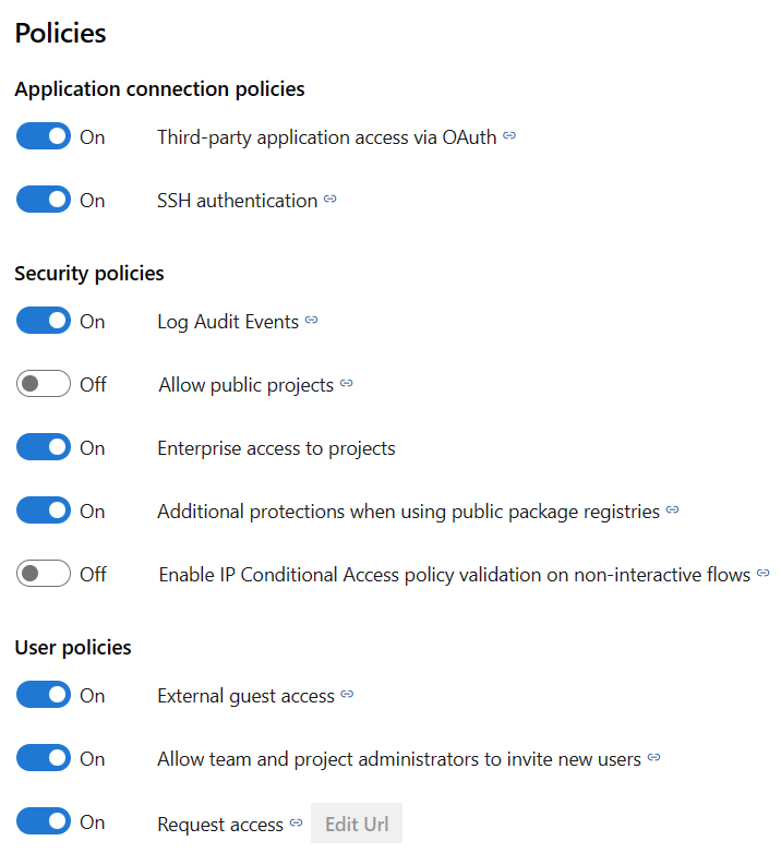 Captura de tela das políticas de segurança do Azure DevOps.