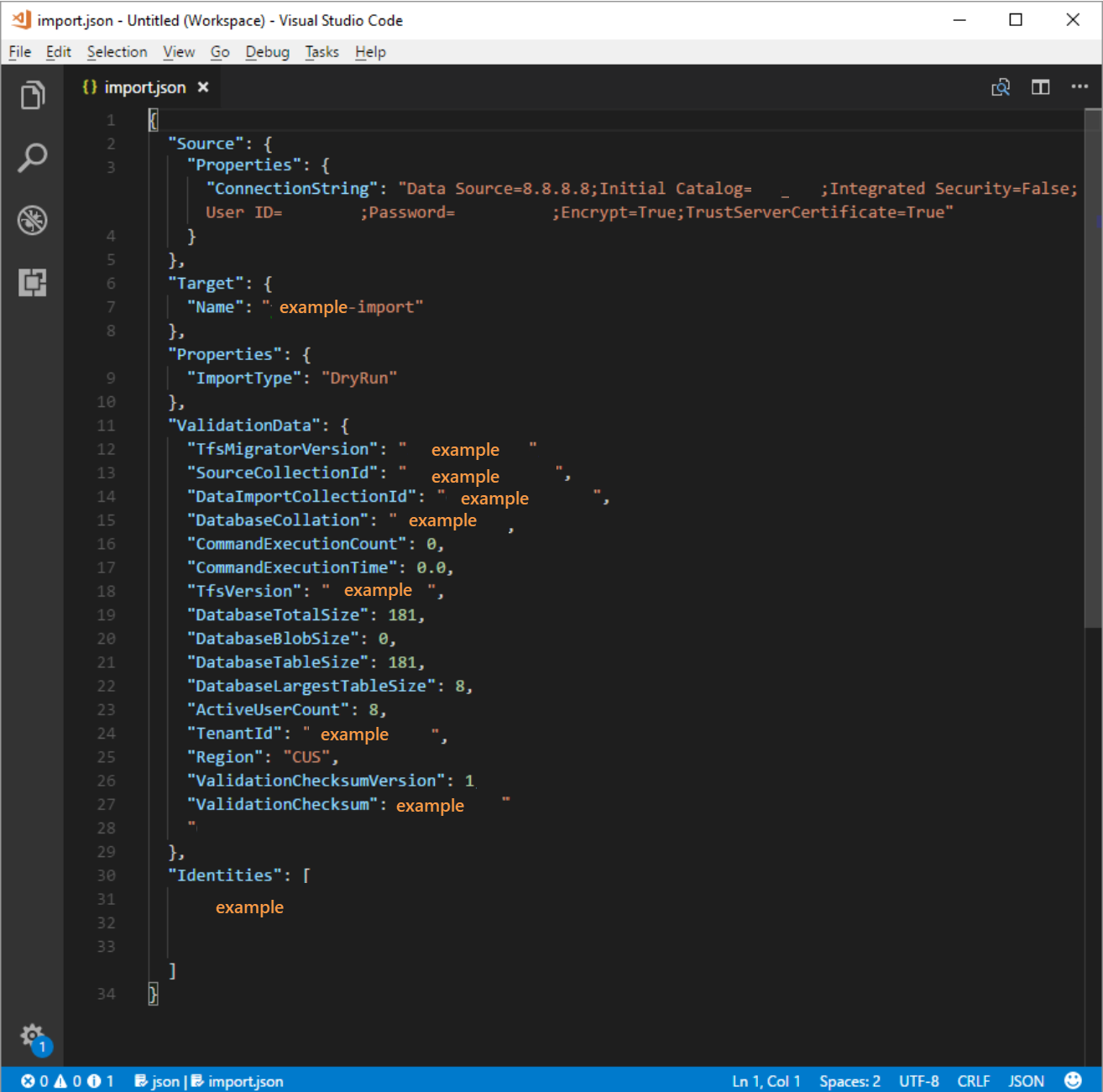 Captura de tela da especificação de migração fazendo referência a uma VM do SQL Azure.