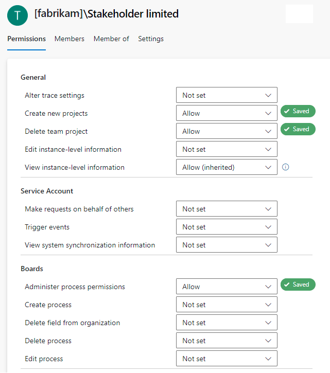 Captura de tela das permissões no nível da coleção para um grupo selecionado, página de visualização.