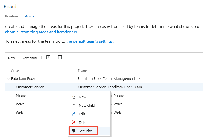 Captura de tela do menu de contexto para Caminho da Área, escolha Segurança, Azure DevOps Server 2020.