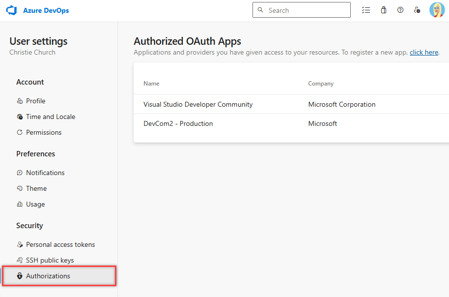 Captura de tela das configurações de perfil com Autorizações selecionadas.