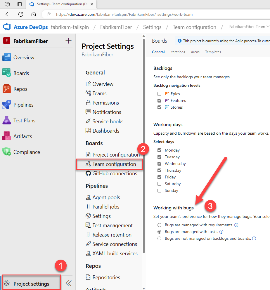 Captura de tela mostrando a sequência de seleção de navegação para trabalhar com bugs das configurações do projeto.