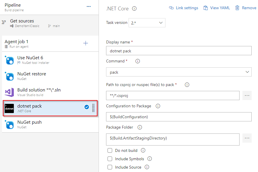 Uma captura de tela mostrando como configurar a tarefa do pacote dotnet em um pipeline clássico.