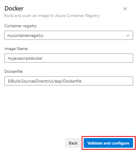 Uma captura de tela mostrando como configurar um pipeline do Docker para compilar e publicar uma imagem no Registro de Contêiner do Azure