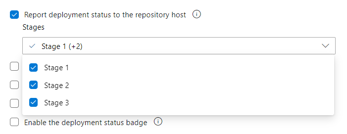 Captura de tela das opções de integrações para pipelines clássicos, relatório de status de implantação para o host do repositório