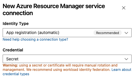 Captura de tela da seleção do método de autenticação (automática) do registro do aplicativo de federação de identidade de carga de trabalho.