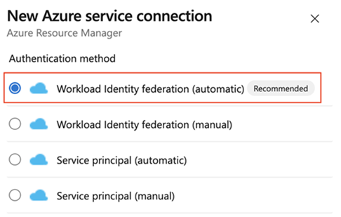 Captura de tela da seleção do método de autenticação (automática) da federação de identidade de carga de trabalho.