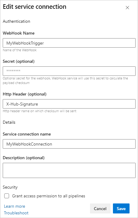 Captura de tela que mostra a conexão de serviço de webhook de entrada.