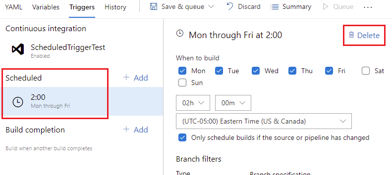 Excluir gatilhos agendados na interface do usuário das configurações do pipeline.