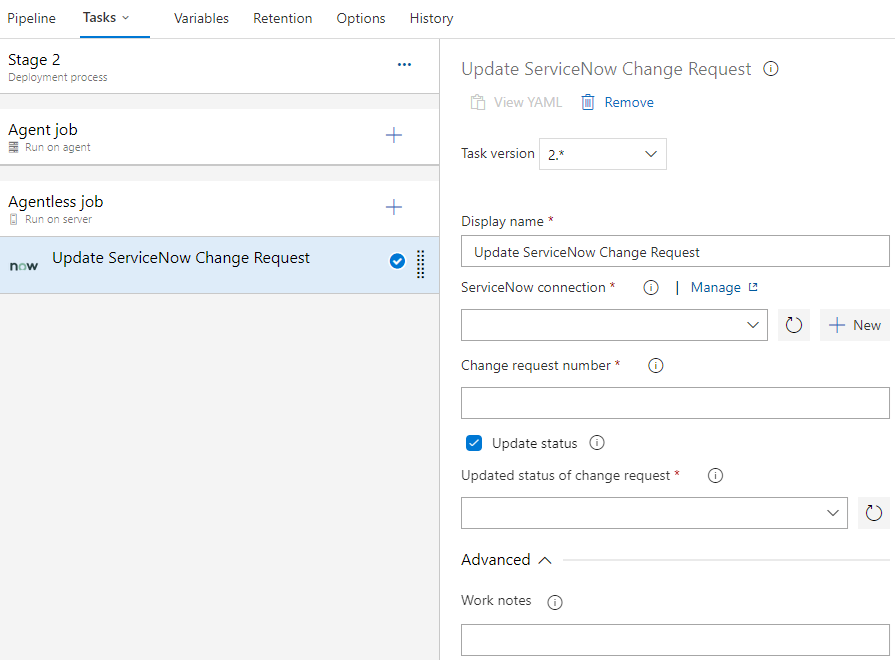 Captura de tela mostrando como configurar a tarefa Update ServiceNow Change Request.