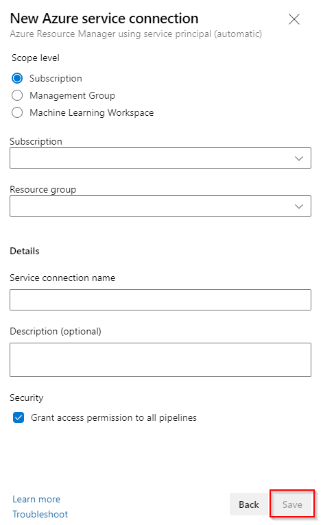 Captura de tela mostrando o novo formulário de conexão de serviço Azure Resource Manager.