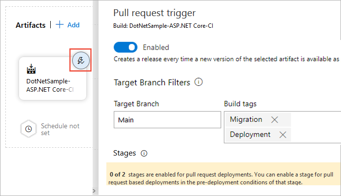 Uma captura de tela exibindo como configurar gatilhos de solicitação de pull em um pipeline de lançamento.