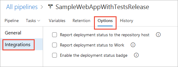 Captura de tela de opções de Integrações para pipelines clássicos, Azure DevOps 2019 e versões anteriores