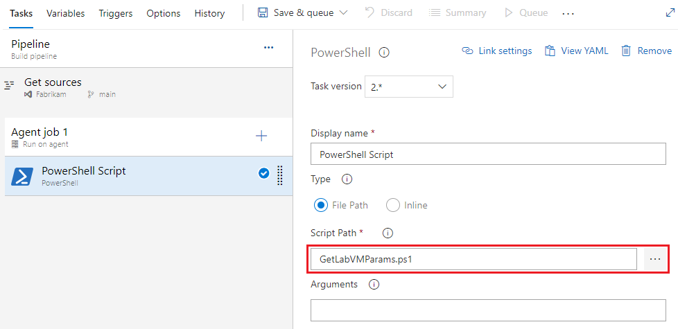 Captura de tela da configuração do caminho do script de tarefas PowerShell.